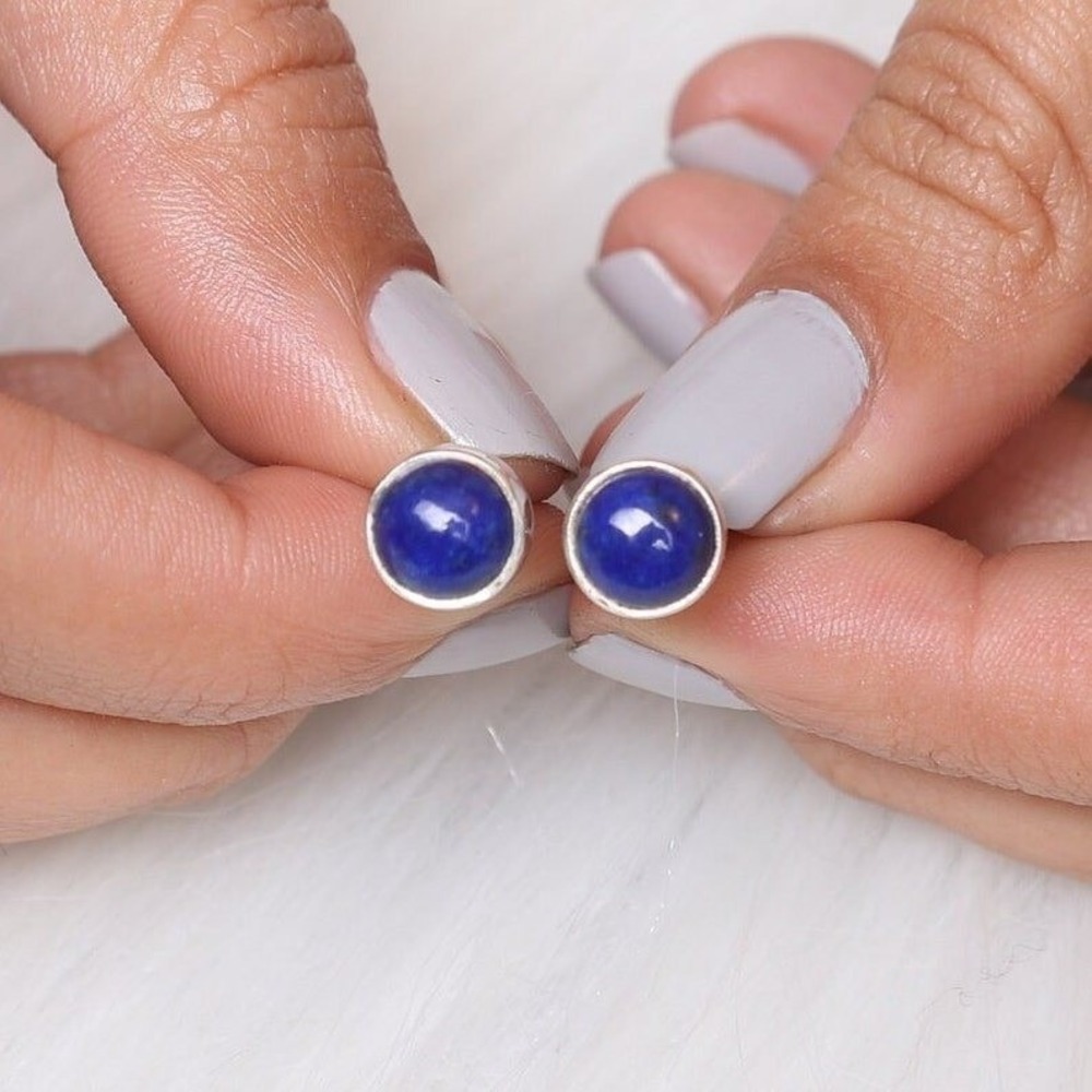 925 Sterling Silver Genuine Lapis Lazuli Round Cabochon Stud Earrings - Picture 6 of 6